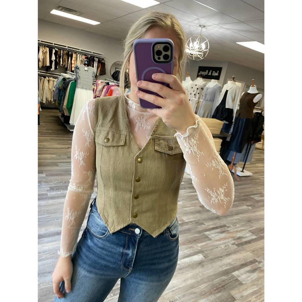 NEW STORIA denim vest top in tan - Picture 4 of 4